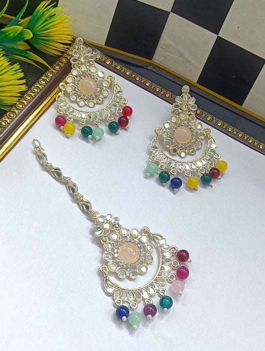 Multicolor Beaded Kundan Chandbali Earrings & Maang Tikka Set