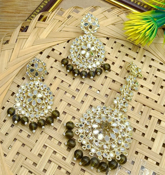Beaded Kundan Chandbali Earrings & Maang Tikka Set – Royal Ethnic Jewellery