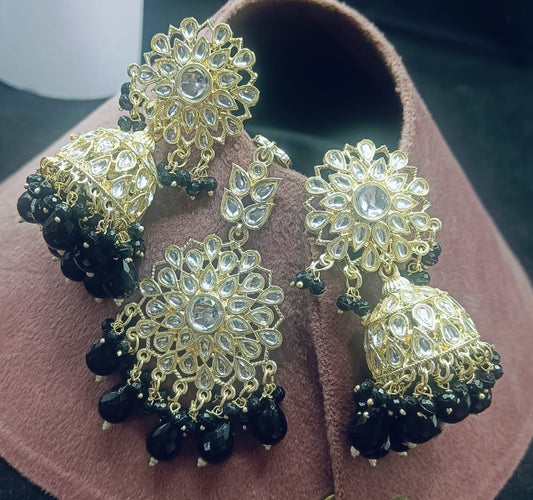 Elegant Gold-Tone Kundan Jhumka Earrings with Floral Stud Design, Handcrafted Pearl Drop Detailing, Traditional Indian Ethnic Jewelry for Weddings, Festive Occasions and Party Wear