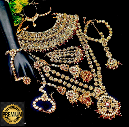 Royal Kundan Bridal Jewellery Set With Green Beads, Choker Necklace, Long Haar, Maang Tikka, Earrings, Haathphool And Ring, Traditional Wedding Festive Wear Jewellery For Women