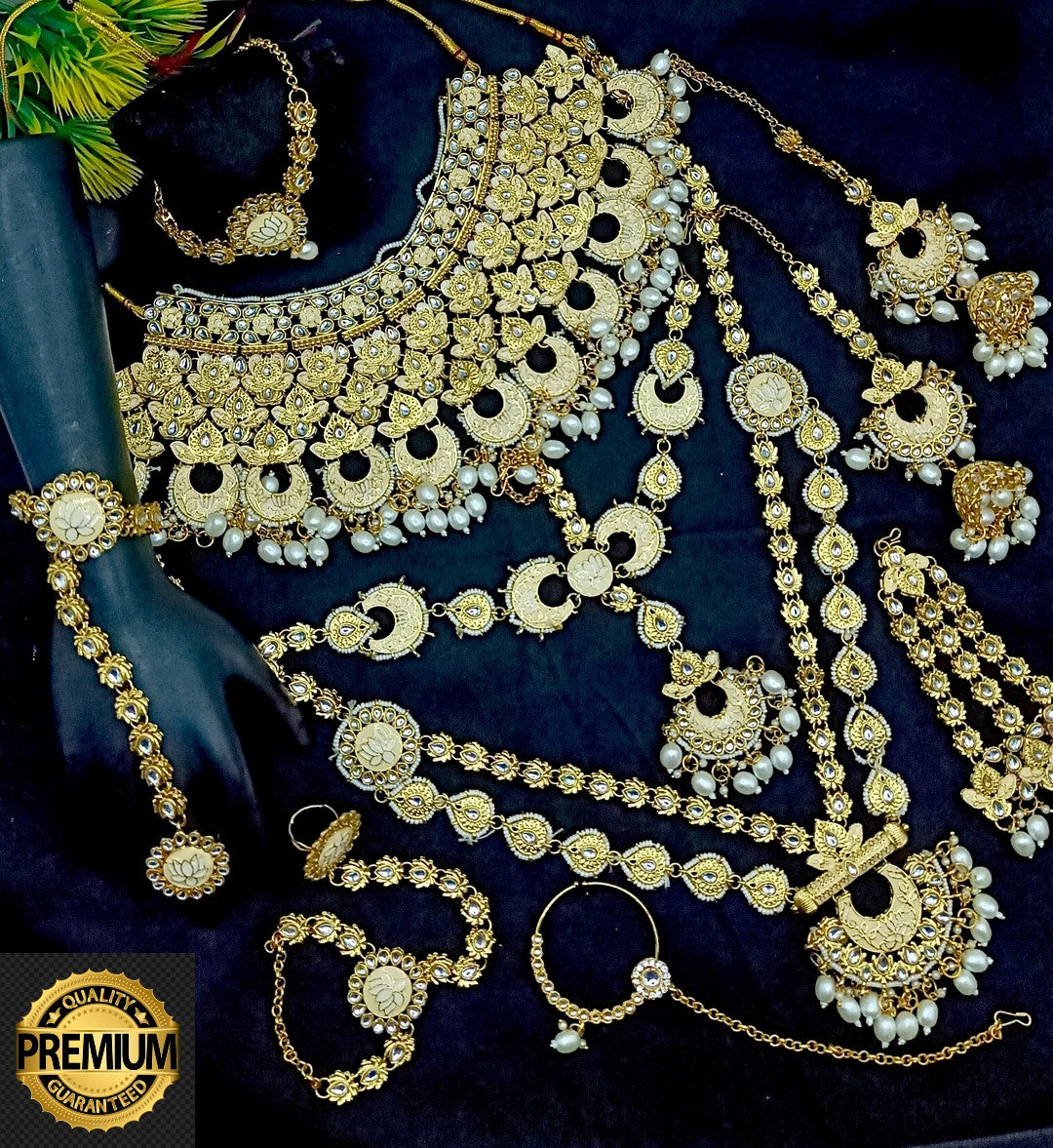 Royal Kundan Bridal Jewellery Set With Green Beads, Choker Necklace, Long Haar, Maang Tikka, Earrings, Haathphool And Ring, Traditional Wedding Festive Wear Jewellery For Women