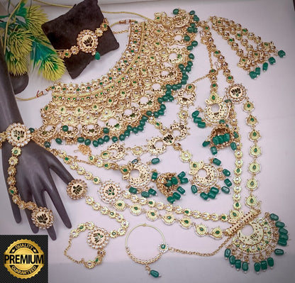 Royal Kundan Bridal Jewellery Set With Green Beads, Choker Necklace, Long Haar, Maang Tikka, Earrings, Haathphool And Ring, Traditional Wedding Festive Wear Jewellery For Women