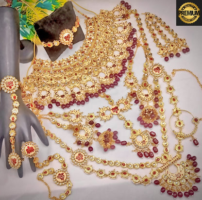Royal Kundan Bridal Jewellery Set With Green Beads, Choker Necklace, Long Haar, Maang Tikka, Earrings, Haathphool And Ring, Traditional Wedding Festive Wear Jewellery For Women