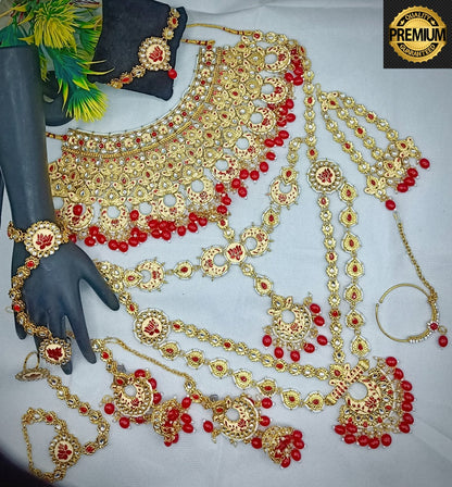 Royal Kundan Bridal Jewellery Set With Green Beads, Choker Necklace, Long Haar, Maang Tikka, Earrings, Haathphool And Ring, Traditional Wedding Festive Wear Jewellery For Women