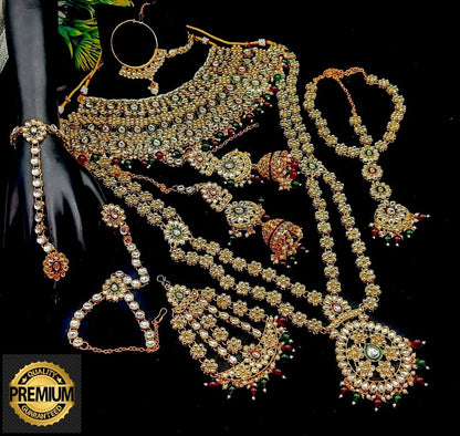 Royal Kundan Bridal Jewellery Set With Green Beads, Choker Necklace, Long Haar, Maang Tikka, Earrings, Haathphool And Ring, Traditional Wedding Festive Wear Jewellery For Women
