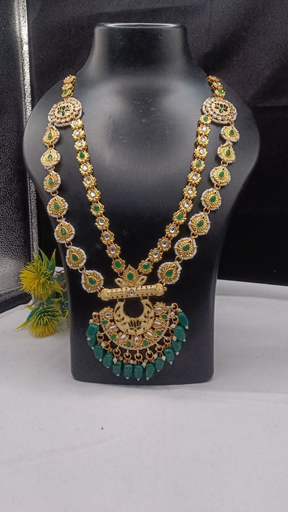 Royal Kundan Bridal Jewellery Set With Green Beads, Choker Necklace, Long Haar, Maang Tikka, Earrings, Haathphool And Ring, Traditional Wedding Festive Wear Jewellery For Women