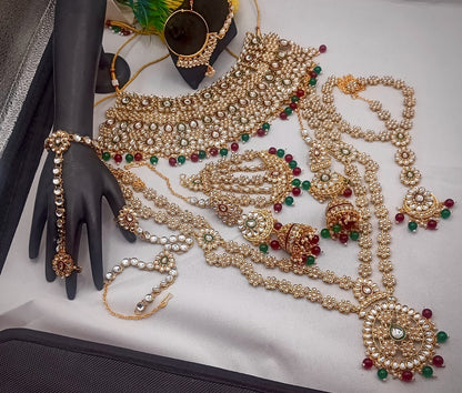 Royal Kundan Bridal Jewellery Set With Green Beads, Choker Necklace, Long Haar, Maang Tikka, Earrings, Haathphool And Ring, Traditional Wedding Festive Wear Jewellery For Women