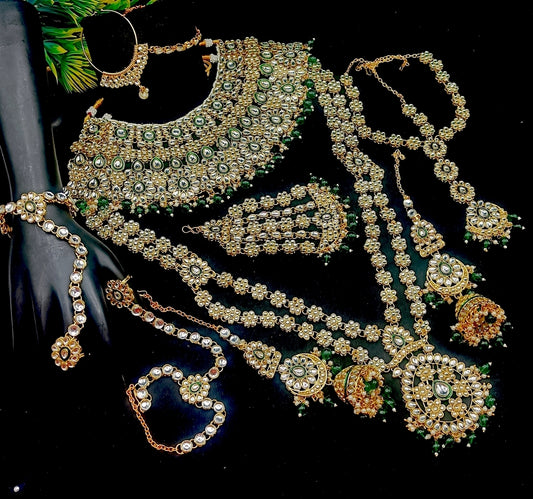 Royal Kundan Bridal Jewellery Set With Green Beads, Choker Necklace, Long Haar, Maang Tikka, Earrings, Haathphool And Ring, Traditional Wedding Festive Wear Jewellery For Women