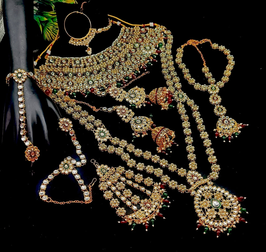 Royal Kundan Bridal Jewellery Set With Green Beads, Choker Necklace, Long Haar, Maang Tikka, Earrings, Haathphool And Ring, Traditional Wedding Festive Wear Jewellery For Women