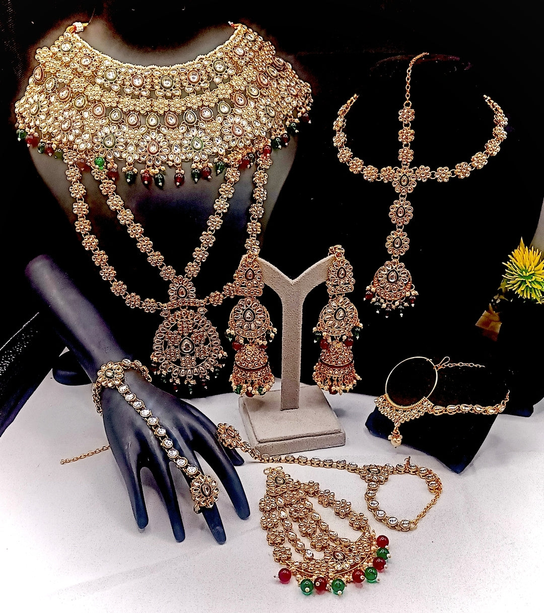 Royal Kundan Bridal Jewellery Set With Green Beads, Choker Necklace, Long Haar, Maang Tikka, Earrings, Haathphool And Ring, Traditional Wedding Festive Wear Jewellery For Women