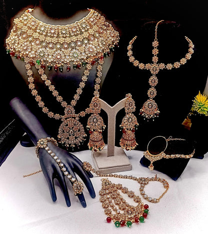 Royal Kundan Bridal Jewellery Set With Green Beads, Choker Necklace, Long Haar, Maang Tikka, Earrings, Haathphool And Ring, Traditional Wedding Festive Wear Jewellery For Women
