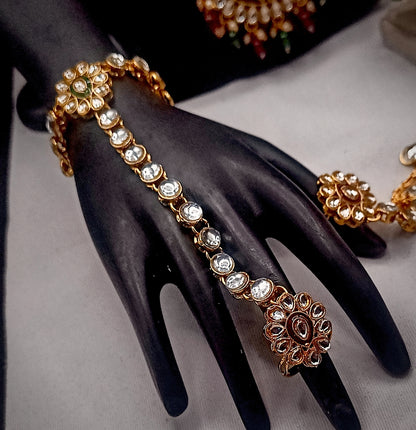 Royal Kundan Bridal Jewellery Set With Green Beads, Choker Necklace, Long Haar, Maang Tikka, Earrings, Haathphool And Ring, Traditional Wedding Festive Wear Jewellery For Women