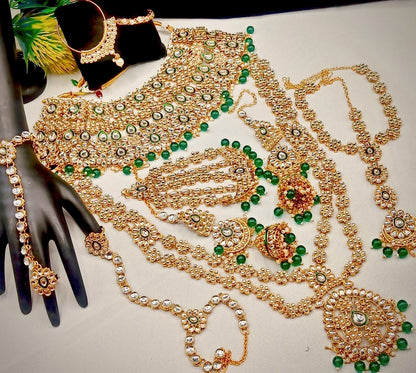 Royal Kundan Bridal Jewellery Set With Green Beads, Choker Necklace, Long Haar, Maang Tikka, Earrings, Haathphool And Ring, Traditional Wedding Festive Wear Jewellery For Women