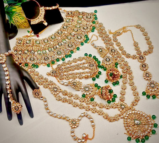 Royal Kundan Bridal Jewellery Set With Green Beads, Choker Necklace, Long Haar, Maang Tikka, Earrings, Haathphool And Ring, Traditional Wedding Festive Wear Jewellery For Women