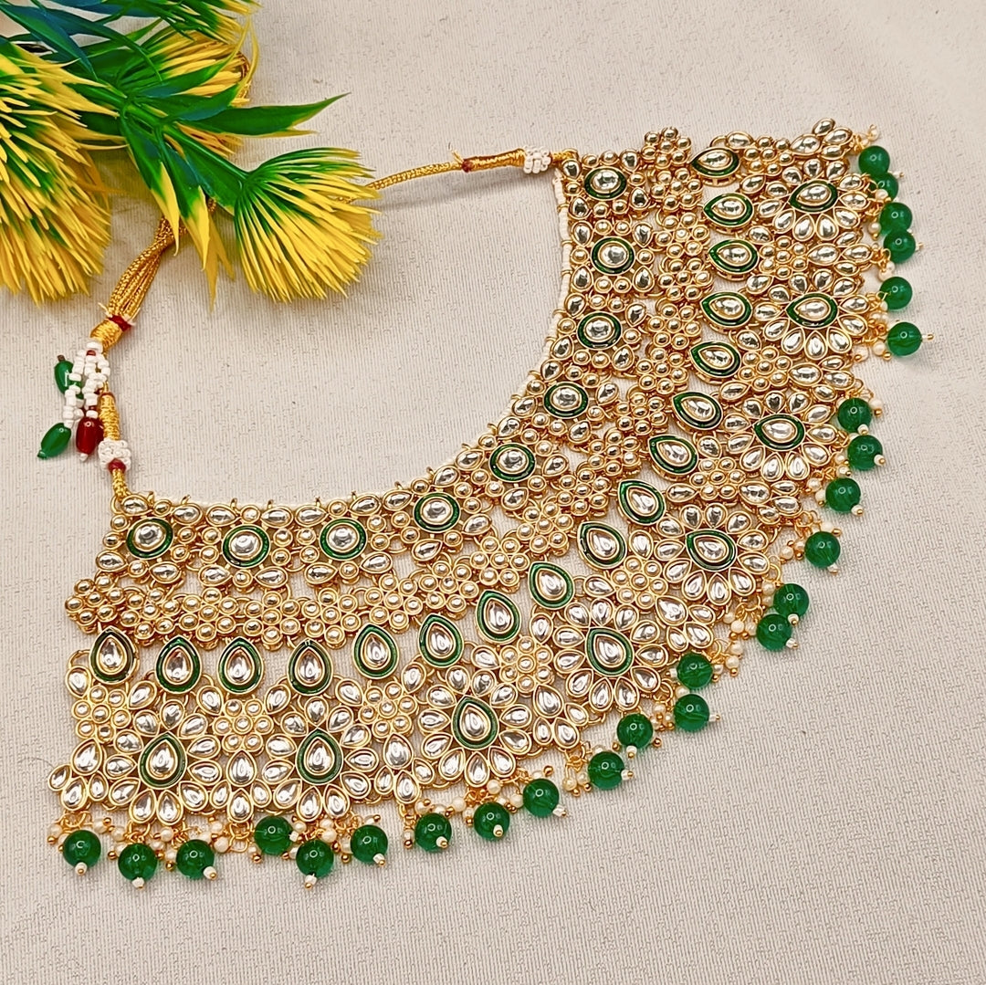 Royal Kundan Bridal Jewellery Set With Green Beads, Choker Necklace, Long Haar, Maang Tikka, Earrings, Haathphool And Ring, Traditional Wedding Festive Wear Jewellery For Women