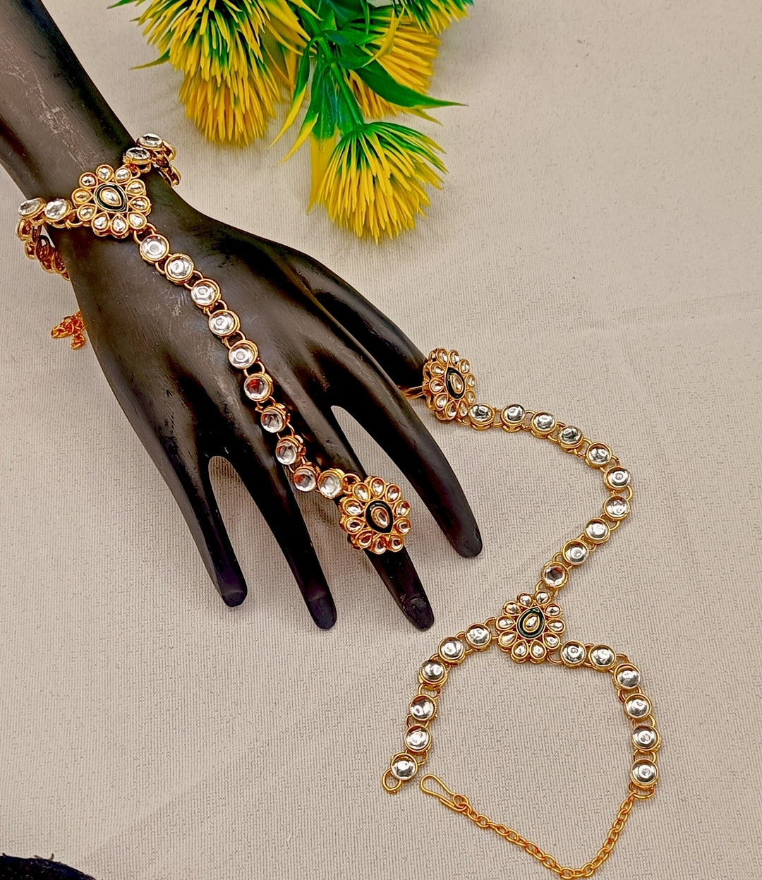 Royal Kundan Bridal Jewellery Set With Green Beads, Choker Necklace, Long Haar, Maang Tikka, Earrings, Haathphool And Ring, Traditional Wedding Festive Wear Jewellery For Women