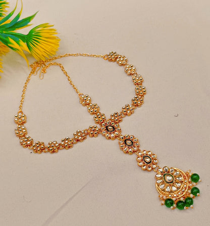 Royal Kundan Bridal Jewellery Set With Green Beads, Choker Necklace, Long Haar, Maang Tikka, Earrings, Haathphool And Ring, Traditional Wedding Festive Wear Jewellery For Women