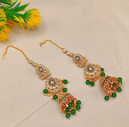 Royal Kundan Bridal Jewellery Set With Green Beads, Choker Necklace, Long Haar, Maang Tikka, Earrings, Haathphool And Ring, Traditional Wedding Festive Wear Jewellery For Women