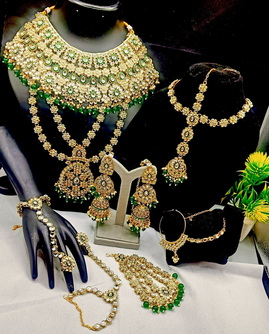 Royal Kundan Bridal Jewellery Set With Green Beads, Choker Necklace, Long Haar, Maang Tikka, Earrings, Haathphool And Ring, Traditional Wedding Festive Wear Jewellery For Women