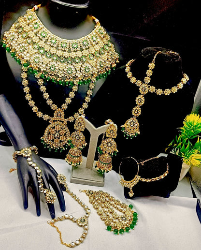 Royal Kundan Bridal Jewellery Set With Green Beads, Choker Necklace, Long Haar, Maang Tikka, Earrings, Haathphool And Ring, Traditional Wedding Festive Wear Jewellery For Women