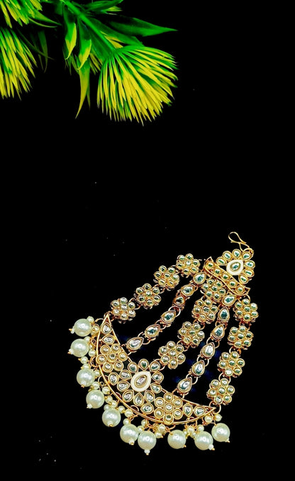 Royal Kundan Bridal Jewellery Set With Green Beads, Choker Necklace, Long Haar, Maang Tikka, Earrings, Haathphool And Ring, Traditional Wedding Festive Wear Jewellery For Women