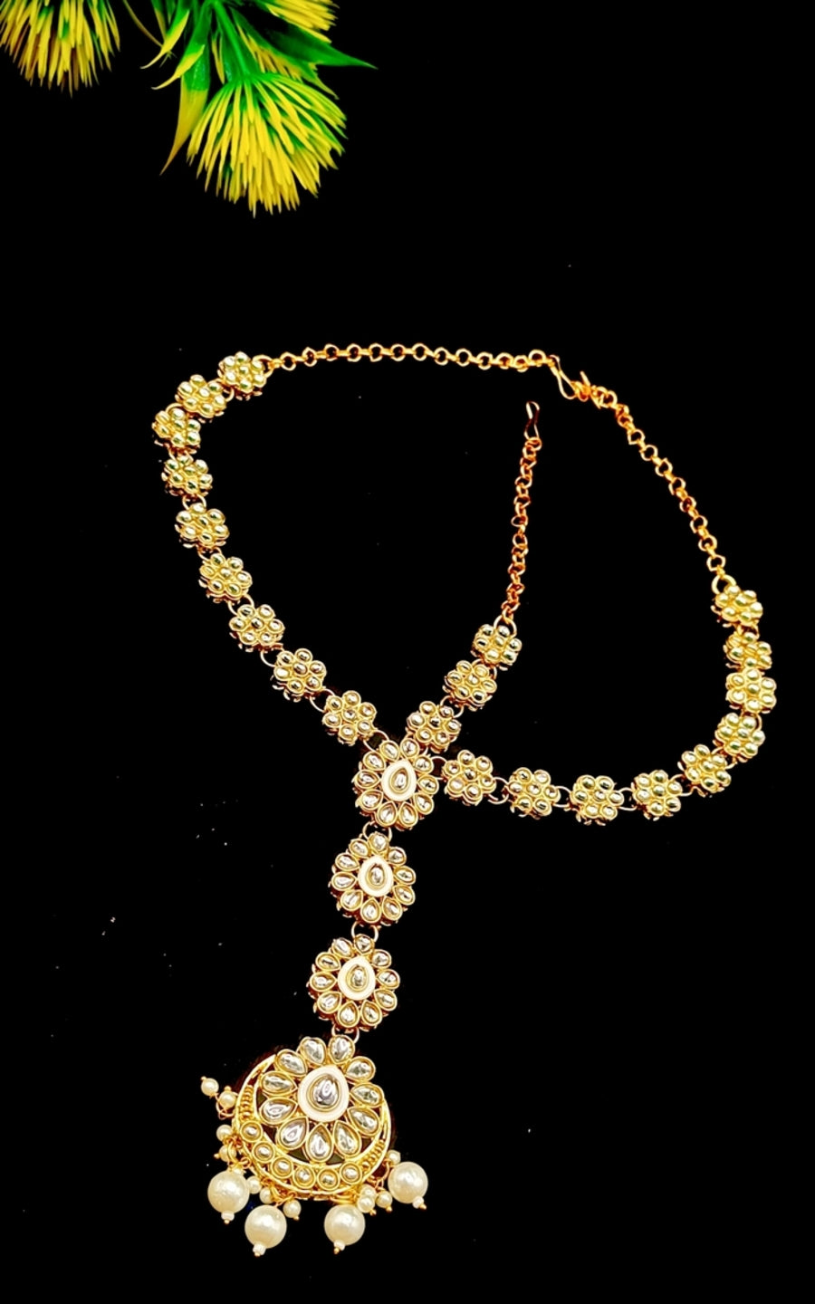 Royal Kundan Bridal Jewellery Set With Green Beads, Choker Necklace, Long Haar, Maang Tikka, Earrings, Haathphool And Ring, Traditional Wedding Festive Wear Jewellery For Women