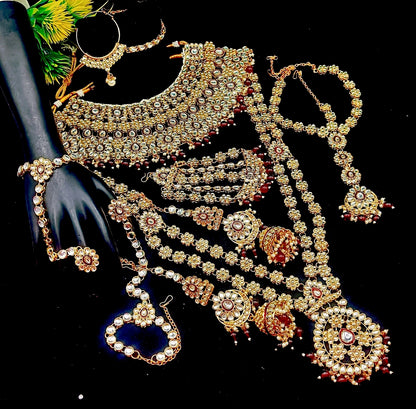 Royal Kundan Bridal Jewellery Set With Green Beads, Choker Necklace, Long Haar, Maang Tikka, Earrings, Haathphool And Ring, Traditional Wedding Festive Wear Jewellery For Women