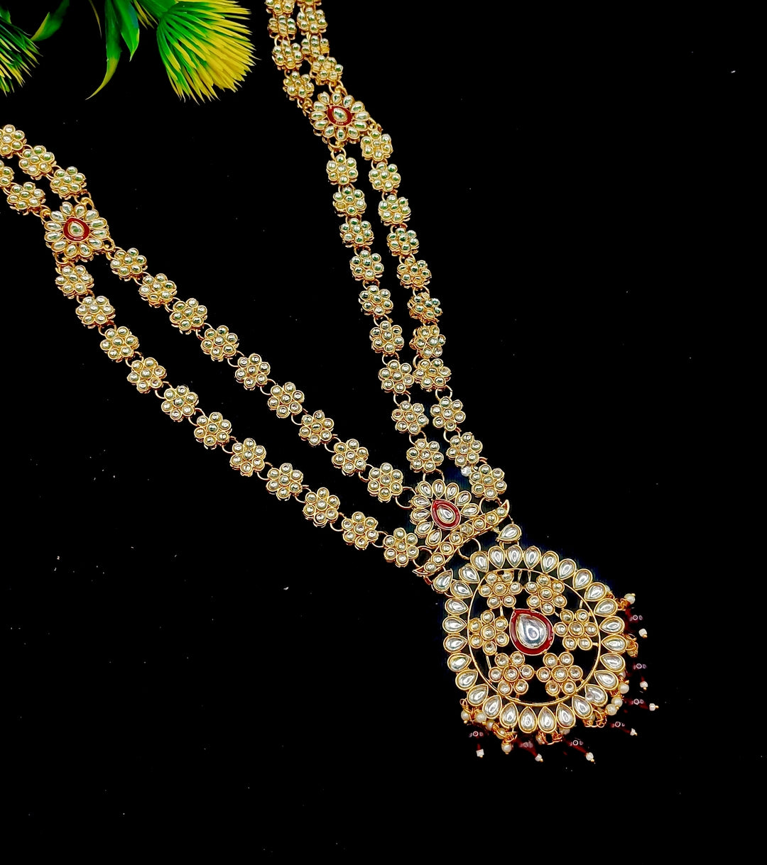 Royal Kundan Bridal Jewellery Set With Green Beads, Choker Necklace, Long Haar, Maang Tikka, Earrings, Haathphool And Ring, Traditional Wedding Festive Wear Jewellery For Women