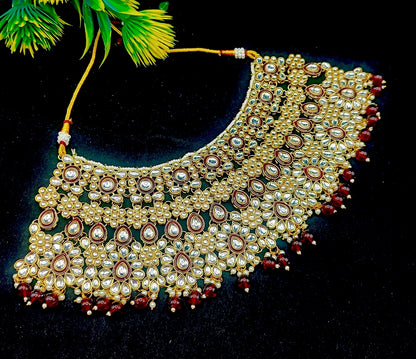 Royal Kundan Bridal Jewellery Set With Green Beads, Choker Necklace, Long Haar, Maang Tikka, Earrings, Haathphool And Ring, Traditional Wedding Festive Wear Jewellery For Women