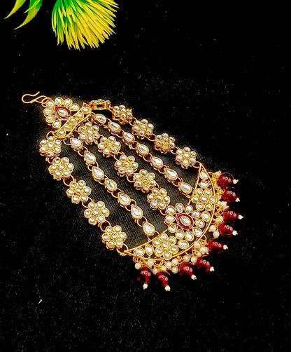 Royal Kundan Bridal Jewellery Set With Green Beads, Choker Necklace, Long Haar, Maang Tikka, Earrings, Haathphool And Ring, Traditional Wedding Festive Wear Jewellery For Women