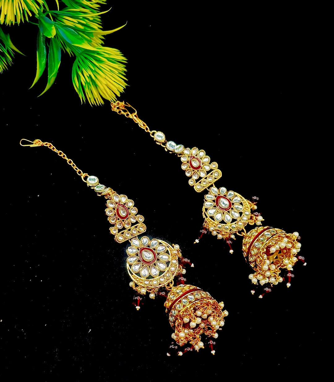 Royal Kundan Bridal Jewellery Set With Green Beads, Choker Necklace, Long Haar, Maang Tikka, Earrings, Haathphool And Ring, Traditional Wedding Festive Wear Jewellery For Women