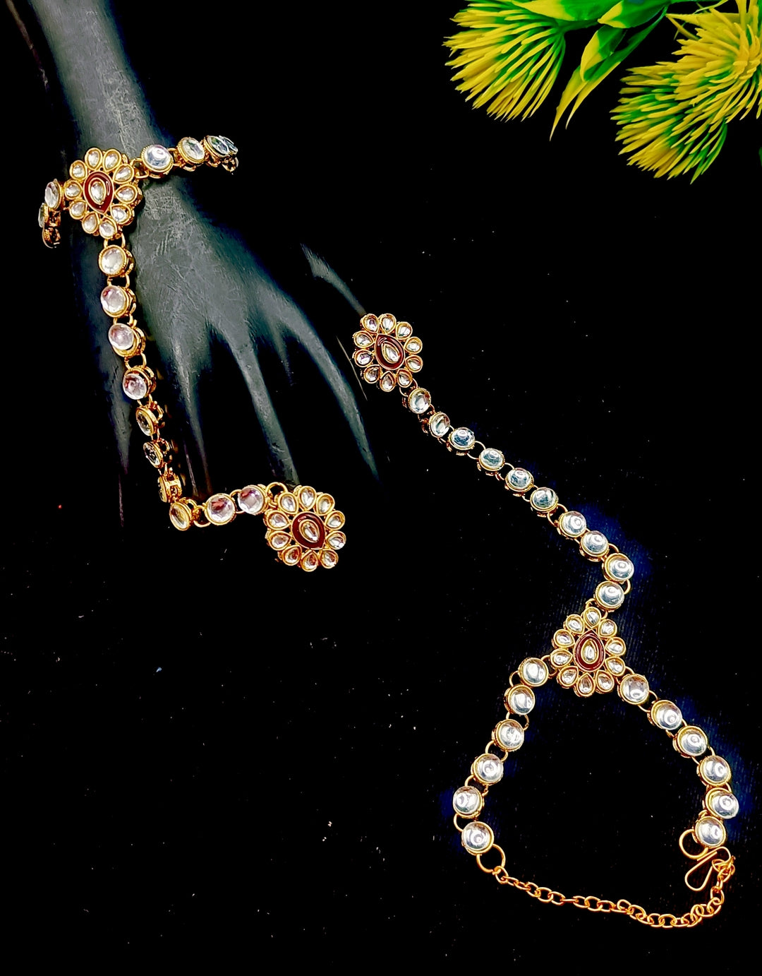 Royal Kundan Bridal Jewellery Set With Green Beads, Choker Necklace, Long Haar, Maang Tikka, Earrings, Haathphool And Ring, Traditional Wedding Festive Wear Jewellery For Women