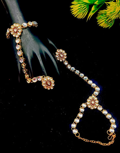 Royal Kundan Bridal Jewellery Set With Green Beads, Choker Necklace, Long Haar, Maang Tikka, Earrings, Haathphool And Ring, Traditional Wedding Festive Wear Jewellery For Women