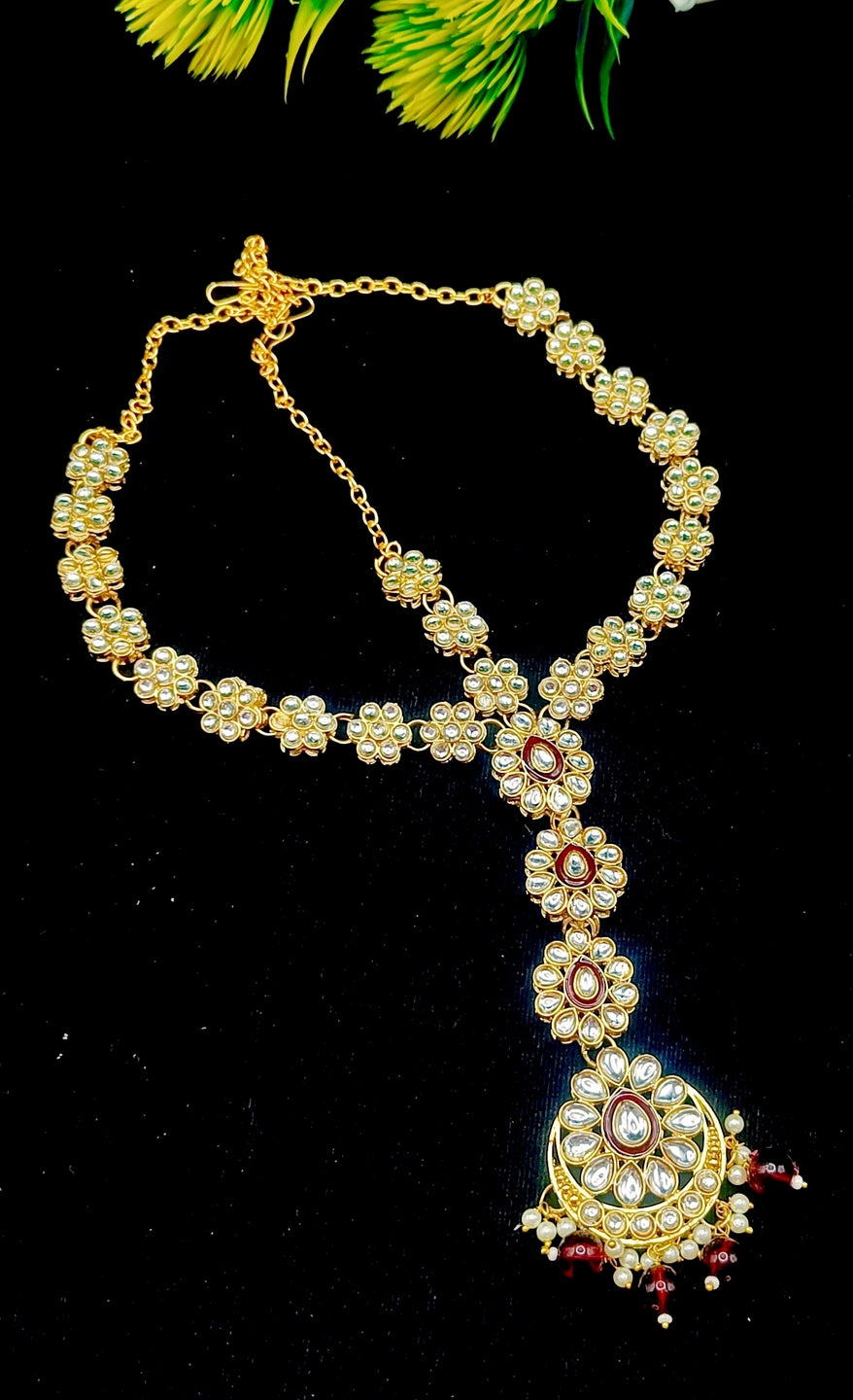 Royal Kundan Bridal Jewellery Set With Green Beads, Choker Necklace, Long Haar, Maang Tikka, Earrings, Haathphool And Ring, Traditional Wedding Festive Wear Jewellery For Women