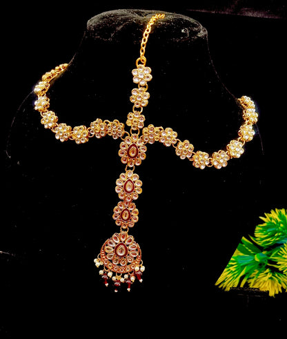 Royal Kundan Bridal Jewellery Set With Green Beads, Choker Necklace, Long Haar, Maang Tikka, Earrings, Haathphool And Ring, Traditional Wedding Festive Wear Jewellery For Women