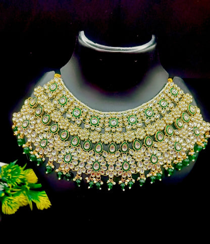 Royal Kundan Bridal Jewellery Set With Green Beads, Choker Necklace, Long Haar, Maang Tikka, Earrings, Haathphool And Ring, Traditional Wedding Festive Wear Jewellery For Women
