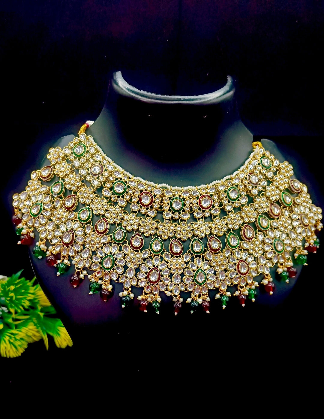 Royal Kundan Bridal Jewellery Set With Green Beads, Choker Necklace, Long Haar, Maang Tikka, Earrings, Haathphool And Ring, Traditional Wedding Festive Wear Jewellery For Women