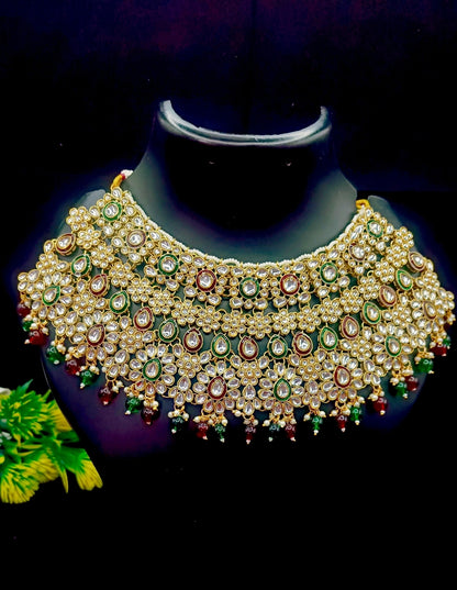 Royal Kundan Bridal Jewellery Set With Green Beads, Choker Necklace, Long Haar, Maang Tikka, Earrings, Haathphool And Ring, Traditional Wedding Festive Wear Jewellery For Women