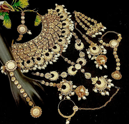 Royal Kundan Bridal Jewellery Set With Green Beads, Choker Necklace, Long Haar, Maang Tikka, Earrings, Haathphool And Ring, Traditional Wedding Festive Wear Jewellery For Women