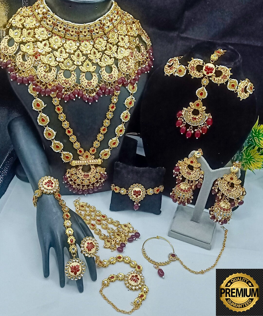 Royal Kundan Bridal Jewellery Set With Green Beads, Choker Necklace, Long Haar, Maang Tikka, Earrings, Haathphool And Ring, Traditional Wedding Festive Wear Jewellery For Women