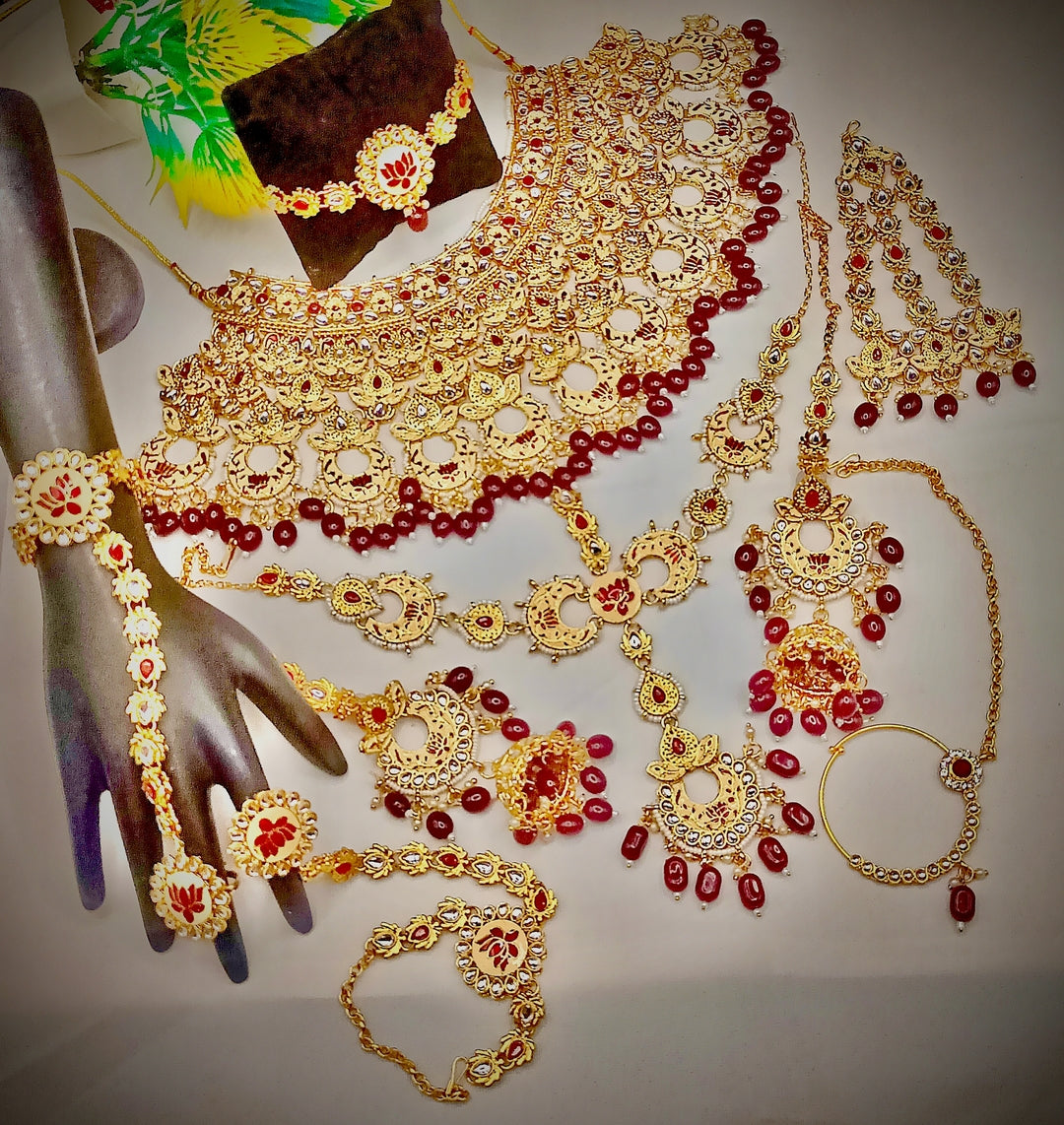 Royal Kundan Bridal Jewellery Set With Green Beads, Choker Necklace, Long Haar, Maang Tikka, Earrings, Haathphool And Ring, Traditional Wedding Festive Wear Jewellery For Women