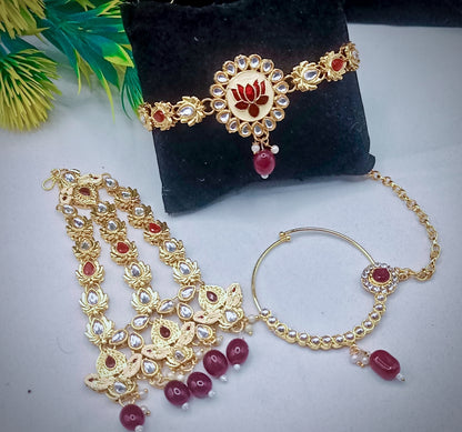 Royal Kundan Bridal Jewellery Set With Green Beads, Choker Necklace, Long Haar, Maang Tikka, Earrings, Haathphool And Ring, Traditional Wedding Festive Wear Jewellery For Women