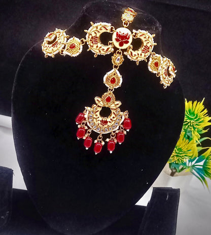 Royal Kundan Bridal Jewellery Set With Green Beads, Choker Necklace, Long Haar, Maang Tikka, Earrings, Haathphool And Ring, Traditional Wedding Festive Wear Jewellery For Women