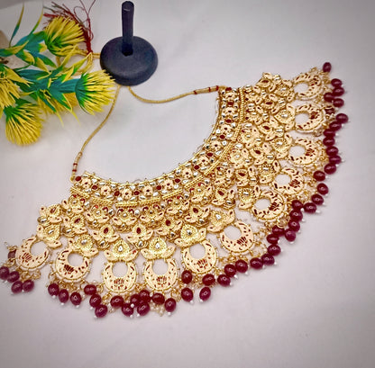 Royal Kundan Bridal Jewellery Set With Green Beads, Choker Necklace, Long Haar, Maang Tikka, Earrings, Haathphool And Ring, Traditional Wedding Festive Wear Jewellery For Women