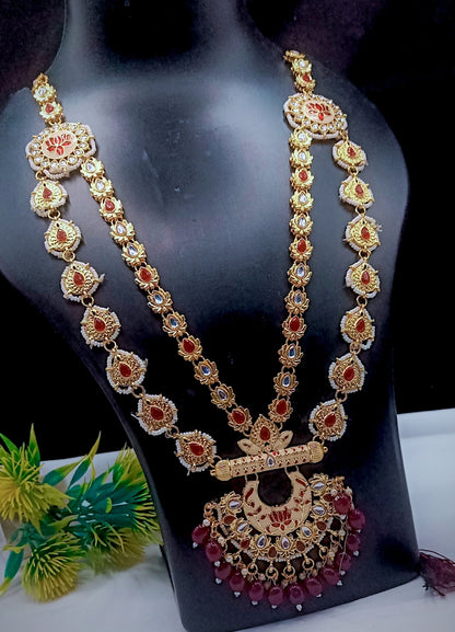 Royal Kundan Bridal Jewellery Set With Green Beads, Choker Necklace, Long Haar, Maang Tikka, Earrings, Haathphool And Ring, Traditional Wedding Festive Wear Jewellery For Women