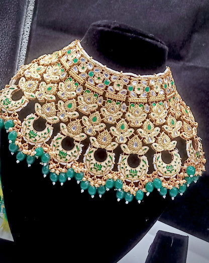 Royal Kundan Bridal Jewellery Set With Green Beads, Choker Necklace, Long Haar, Maang Tikka, Earrings, Haathphool And Ring, Traditional Wedding Festive Wear Jewellery For Women