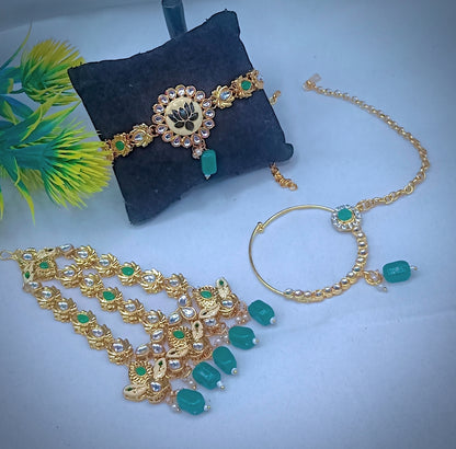 Royal Kundan Bridal Jewellery Set With Green Beads, Choker Necklace, Long Haar, Maang Tikka, Earrings, Haathphool And Ring, Traditional Wedding Festive Wear Jewellery For Women