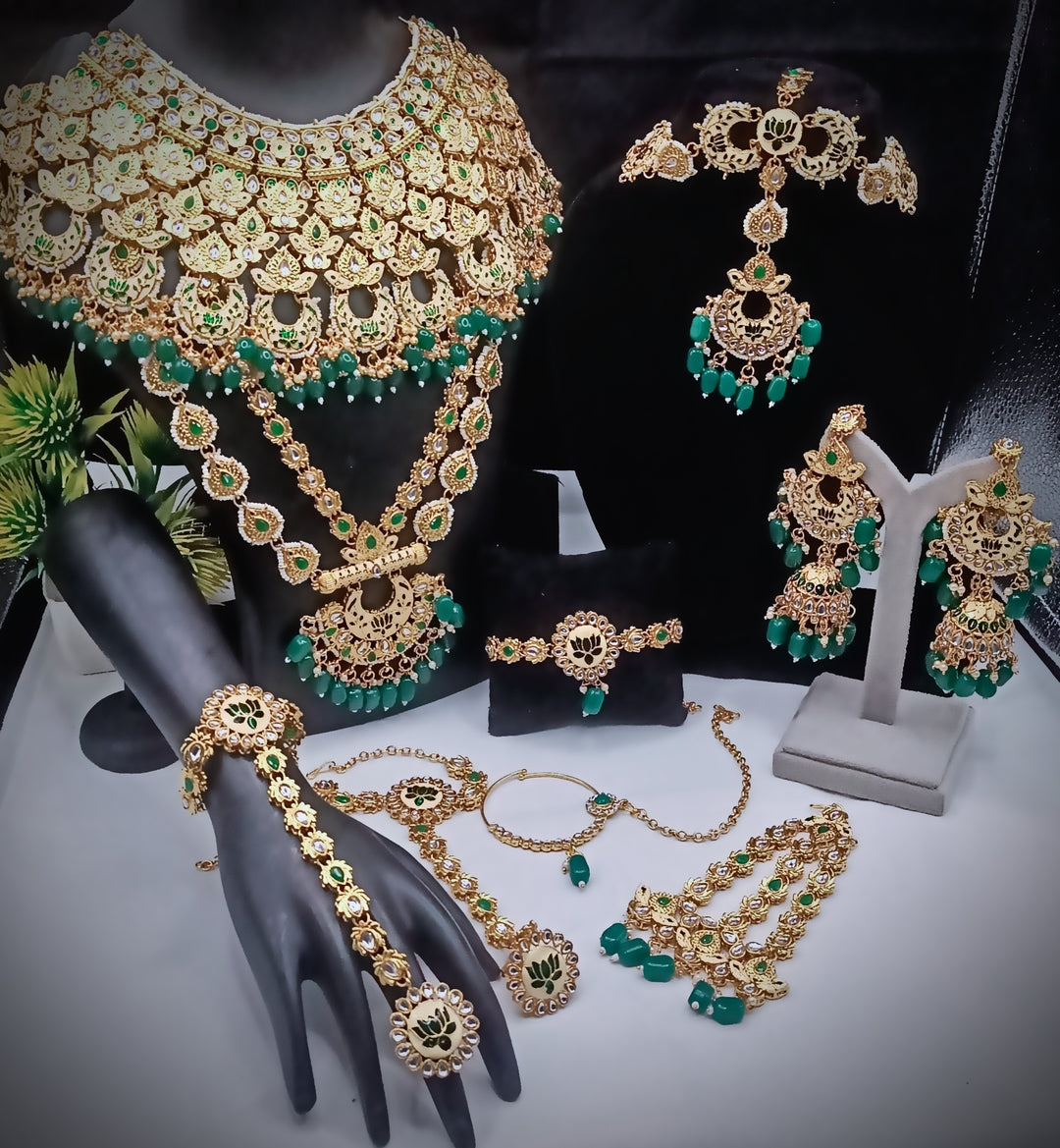 Royal Kundan Bridal Jewellery Set With Green Beads, Choker Necklace, Long Haar, Maang Tikka, Earrings, Haathphool And Ring, Traditional Wedding Festive Wear Jewellery For Women
