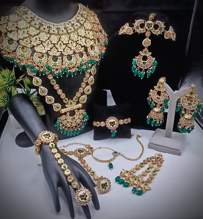 Royal Kundan Bridal Jewellery Set With Green Beads, Choker Necklace, Long Haar, Maang Tikka, Earrings, Haathphool And Ring, Traditional Wedding Festive Wear Jewellery For Women