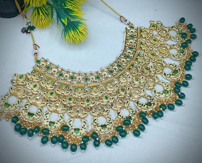 Royal Kundan Bridal Jewellery Set With Green Beads, Choker Necklace, Long Haar, Maang Tikka, Earrings, Haathphool And Ring, Traditional Wedding Festive Wear Jewellery For Women